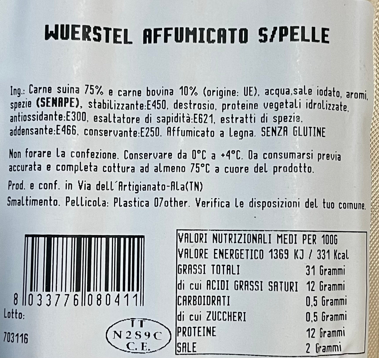 WURSTEL AFFUMICATO SENZA PELLE